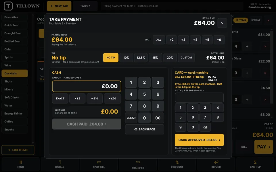 Take payment screen with split options, tip buttons, cash keypad and card machine panel